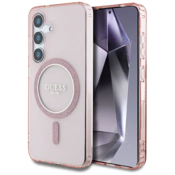 Guess Glitter Circle Classic Logo MagSafe vāciņš Samsung Galaxy S25 Pink