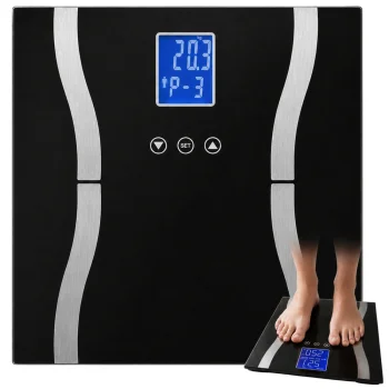 Analītiskie vannas istabas svari no stikla ar LCD ekrānu, līdz 180 kg, melni