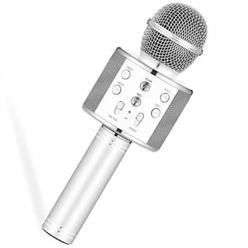Bērnu karaoke mikrofons bezvadu ar iebūvētu skaļruni WS-858, Sudraba | Karaoke microphone portable wireless speaker