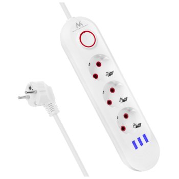 Сетевой фильтр Maclean MCE394 W, 3 розетки + 3xUSB, 2500W, 1.5м, Белый