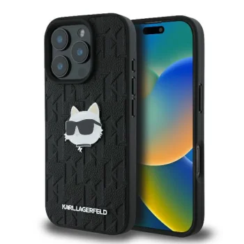 Apple iPhone 16 Pro 6.3'' Karl Lagerfeld Monogram Choupette Head Pin Cover Case, Black | Telefona Vāciņš Maciņš...
