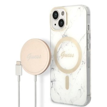 Set Guess Gubpp14shmeacsh Case+ Charger iPhone 14 6.1\" White/white Hard Case Marble Magsafe