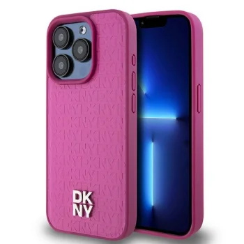 Чехол DKNY для iPhone 15 Pro Leather Monogram Pattern Metal Logo MagSafe, розовый