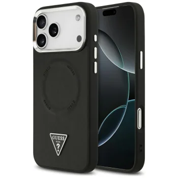 Guess iPhone 17 Pro vāciņš PU Leather Triangle Logo MagSafe, melns