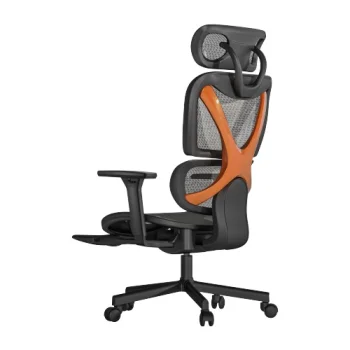 Ergonomisks biroja krēsls ar galvas balstu un kāju balstu, melns/oranžs