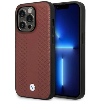 Чехол BMW Leather Diamond Pattern MagSafe для iPhone 14 Pro Max, Бордовый