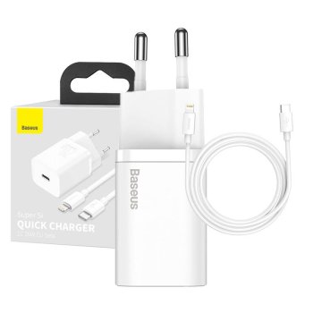 Baseus Super Si Quick Charger 1C 20W lādētājs ar USB-C uz Lightning kabeli 1m, balts