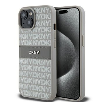 Apple iPhone 15 Plus 6.7'' DKNY Leather Mono Stripe Metal Logo Case Cover, Beige | Чехол Кабура Кейс...