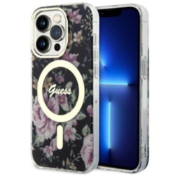 Guess iPhone 14 Pro vāciņš Flower MagSafe, melns
