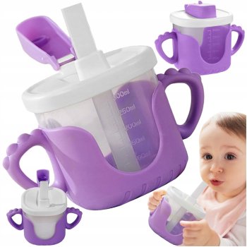 Bērnu krūzīte ar silikona rokturiem un salmiņu, 300 ml, violeta