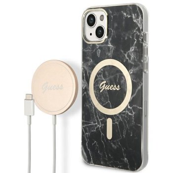 Guess Marble MagSafe komplekts iPhone 14: vāciņš un bezvadu lādētājs, melns