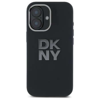 DKNY iPhone 16 vāciņš Liquid Silicone Metal Logo, melns