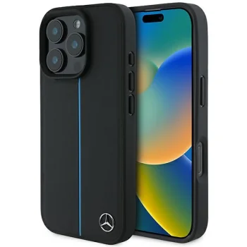 Mercedes iPhone 16 Pro Case Blue Line Leather MagSafe, Black