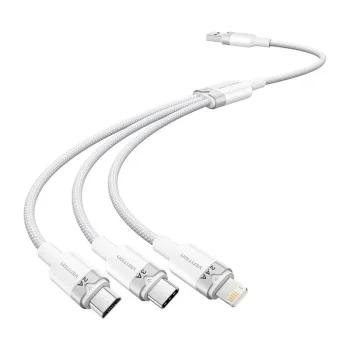Кабель USB-A 3в1 Vention CTPWG, USB-C / Lightning / Micro-B, 1.5м, белый