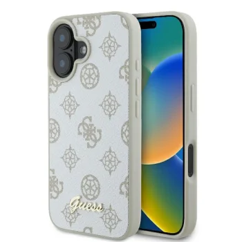 Чехол Guess для iPhone 16 Peony Script Logo MagSafe, белый