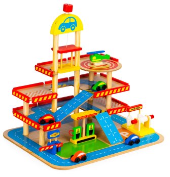 Большой деревянный гараж-паркинг с лифтом и машинками ECOTOYS