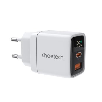 Choetech PD6052 USB-C USB-A PD 35W GaN sienas lādētājs ar displeju - balts