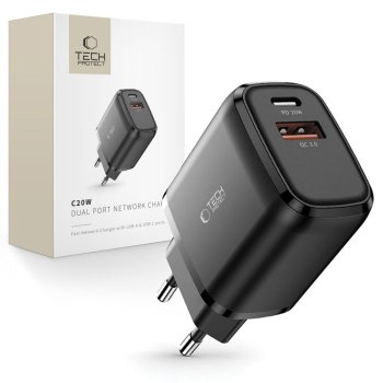 Зарядное устройство Tech-Protect C20W USB-C PD 20W / USB-A QC 3.0 – чёрное