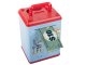 Interactive safe-style money box with PIN code for banknotes and coins, blue