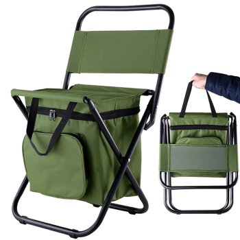 Folding Fishing and Camping Chair with Cooler Bag, Khaki Green