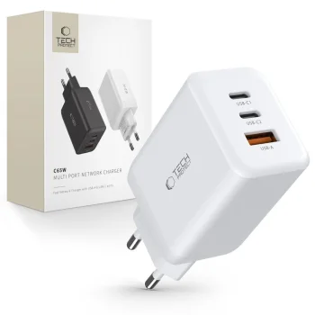 Tech-Protect C65W tīkla lādētājs 2x USB-C PD 65W / USB-A QC 3.0, balts