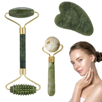 3-in-1 Nefrīta sejas masieris ar rullīti un Gua Sha akmeni, zaļš