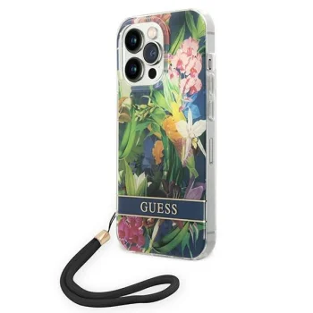 Guess Flower Strap iPhone 14 Pro vāciņš ar siksniņu, zils