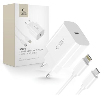 Tech-Protect NC20W sienas lādētājs ar 100 cm USB-C / Lightning kabeli - balts