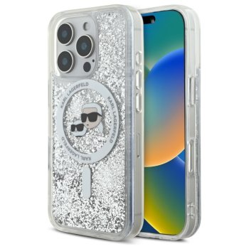 Karl Lagerfeld iPhone 16 Pro vāciņš Liquid Glitter Karl & Choupette Head MagSafe, caurspīdīgs
