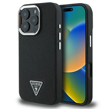 Guess iPhone 16 Pro vāciņš Grained Triangle MagSafe, melns