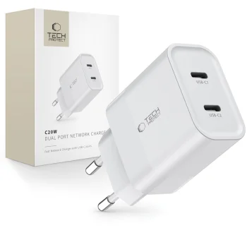 Tech-Protect C20W tīkla lādētājs 2x USB-C PD 20W, balts
