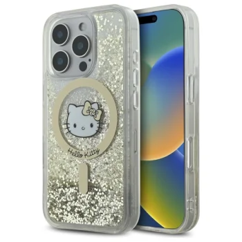 Чехол Hello Kitty для iPhone 16 Pro Max Liquid Glitter Fever MagSafe, золотой