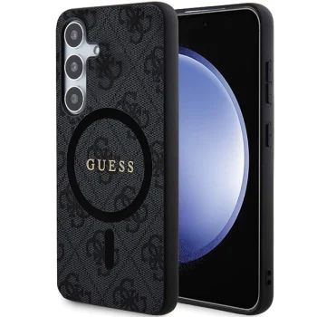 Guess 4G Collection Leather Metal Logo MagSafe vāciņš Samsung Galaxy S24+, Melns