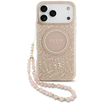 Чехол Guess IML Flowers Electro Pearl Strap MagSafe для iPhone 17 Pro Max, Розовый