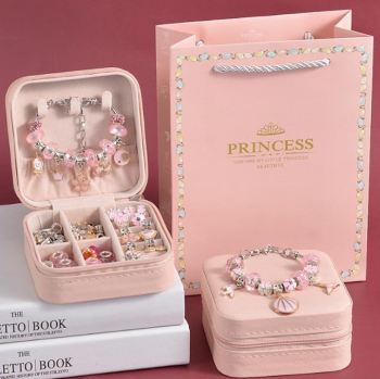 Kids Charm Bracelet and Necklace Making Kit with Jewelry Box, Pink