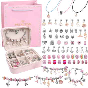 Kids Charm Bracelet and Necklace Making Kit with Jewelry Box, Pink
