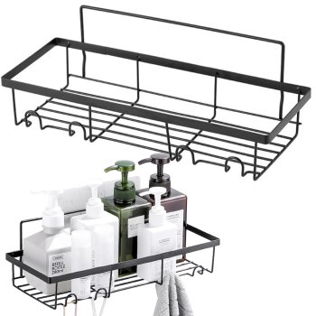 Pašlīmējošs Plaukts Organizators Virtuvei un Vannas Istabai + 4 Āķi, Melns | Self-adhesive Kitchen and Bathroom...