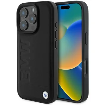 BMW iPhone 16 Pro Max vāciņš Leather Hot Stamp, melns
