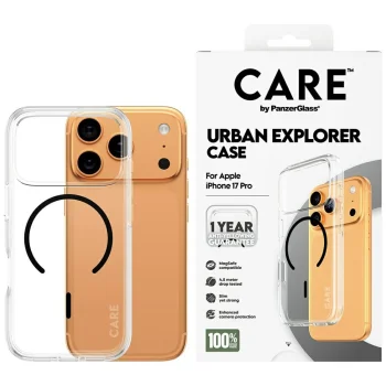 CARE by PanzerGlass Flagship Urban Explorer apvalks ar melnu MagSafe iPhone 17 Pro — caurspīdīgs | Phone Case Cover