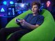 Inflatable Velour Lounge Chair for Relaxing, Soft Comfortable Pouffe, Green