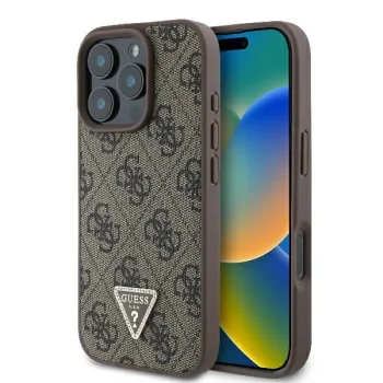 Guess Ādas 4G Triangle Strass MagSafe futrālis iPhone 16 Pro Max - brūns | Leather Case for brown