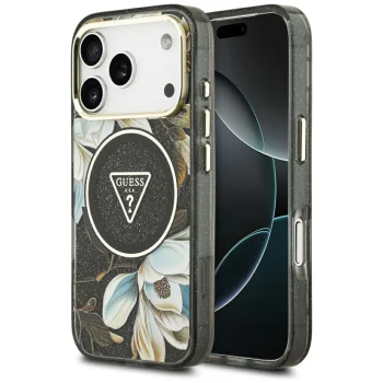 Guess IML Glitter Flowers Triangle MagSafe vāciņš priekš iPhone 17 Pro – melns | Phone Case Cover
