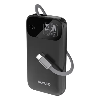 Dudao K31 10000 mAh 22.5W ārējais akumulators ar iebūvētu kabeli, melns