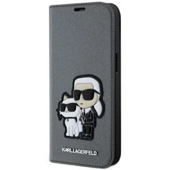 Karl Lagerfeld iPhone 14 atverams vāciņš maciņš grāmatiņa Saffiano Karl & Choupette, sudraba