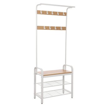 Hall Tree Coat Rack with Bench and 2 Shoe Storage Shelves, 9 Hooks, Beige