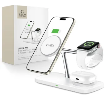 Беспроводное зарядное устройство Tech-Protect QI15W-A45 3in1 MagSafe, белое