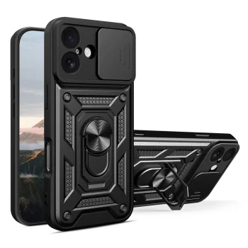Чехол Hybrid Armor Camshield для iPhone 17 с подставкой и защитой камеры, черный