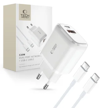 Tech-Protect C20W tīkla lādētājs PD 20W un USB-A QC 3.0 ar USB-C kabeli, balts