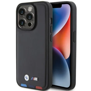 BMW iPhone 15 Pro vāciņš Leather Stamp Tricolor, melns