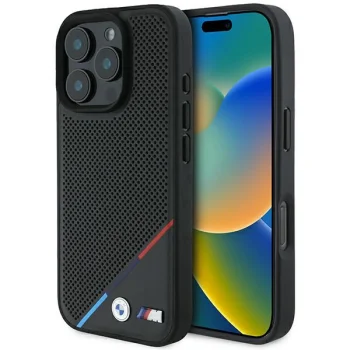 Чехол BMW для iPhone 16 Pro M Perforated Tricolor Line MagSafe, черный